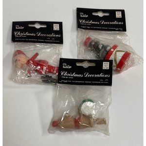 3 Vintage Still Sealed Revco Wooden Christmas Ornaments Santa Bear Drum